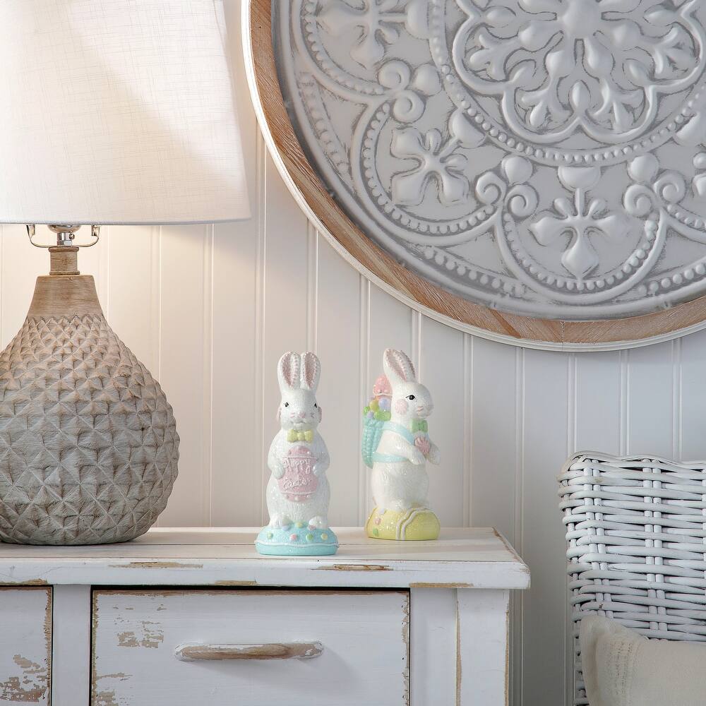 Seven-inch resin bunny figurine with sugared sweets texture in pastel colors.