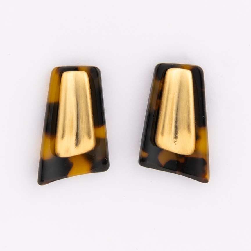 Willa Earrings featuring a gold-toned metal center set within a tortoiseshell resin frame.