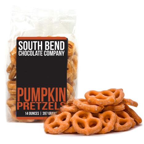 A bag of Pumpkin Pretzel snacks in a brown package with orange text.