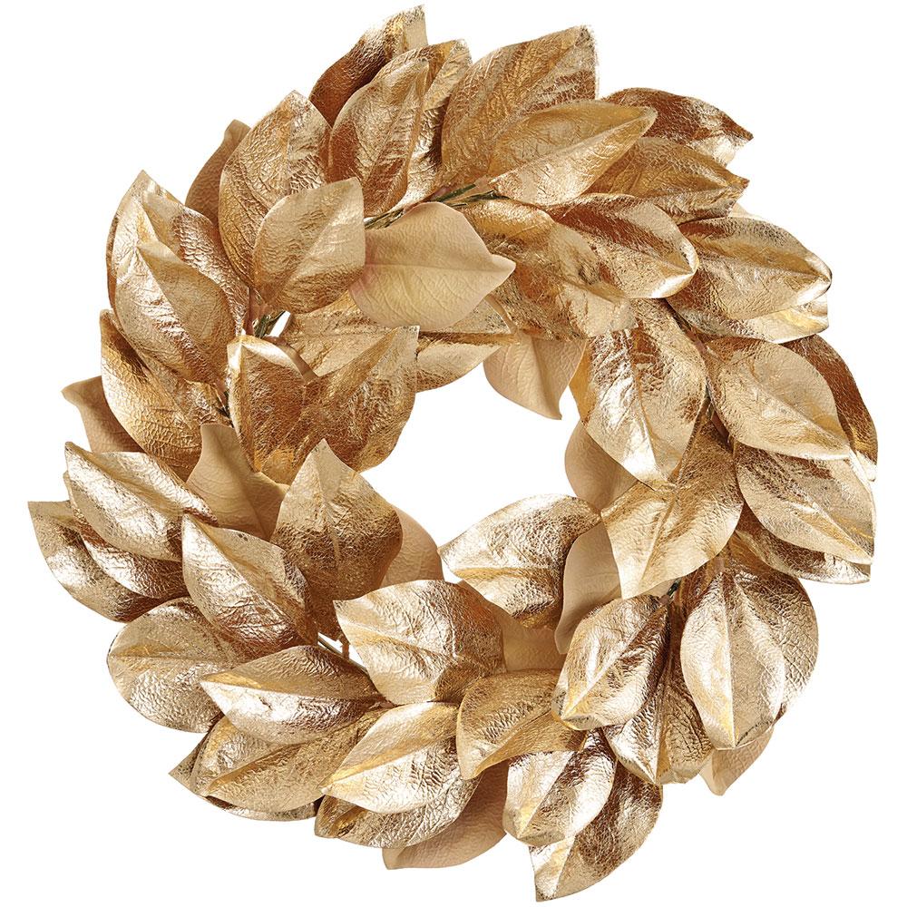 22-inch gold wreath featuring metallic and velvet magnolia leaves in a circular arrangement.