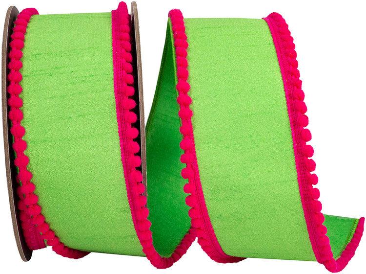 Lime green dupioni wired ribbon with hot pink pom pom mini edge trimming on a spool.
