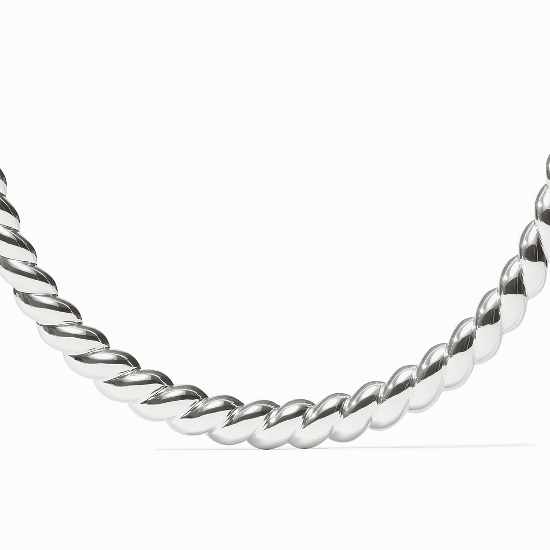 Close-up of a Ravello Collar Necklace in polished silver with a twisted rope design.