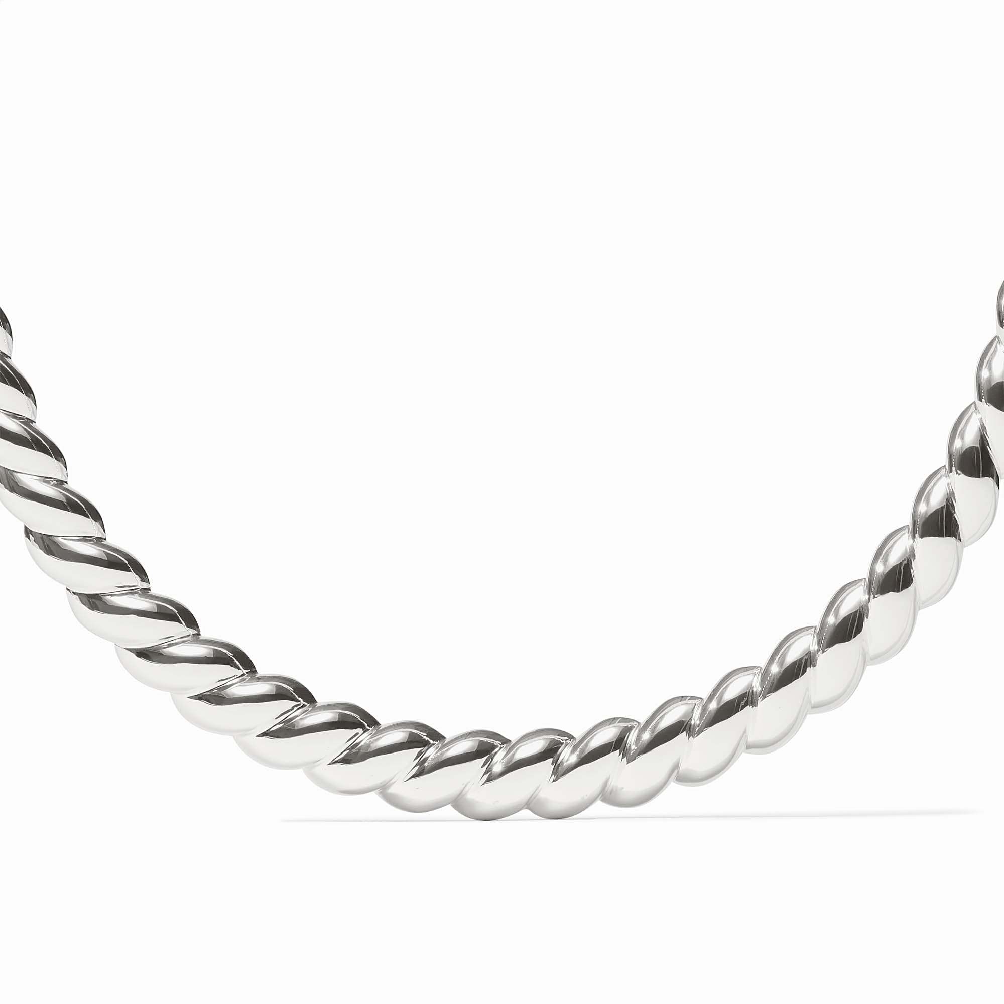 Close-up of a Ravello Collar Necklace in polished silver with a twisted rope design.
