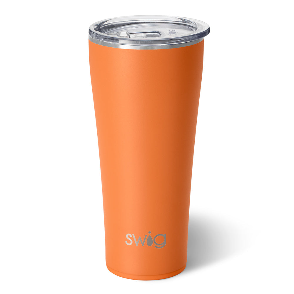 Orange 32oz stainless steel tumbler with a slim silhouette and a clear lid.