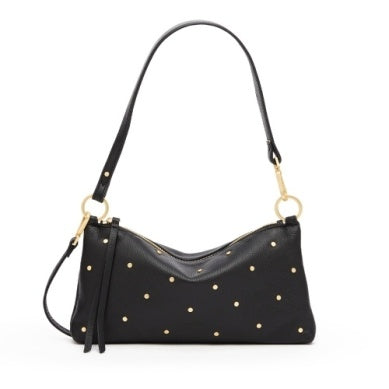 Kyle Bag in black pebbled leather with gold stud accents and a short shoulder strap.