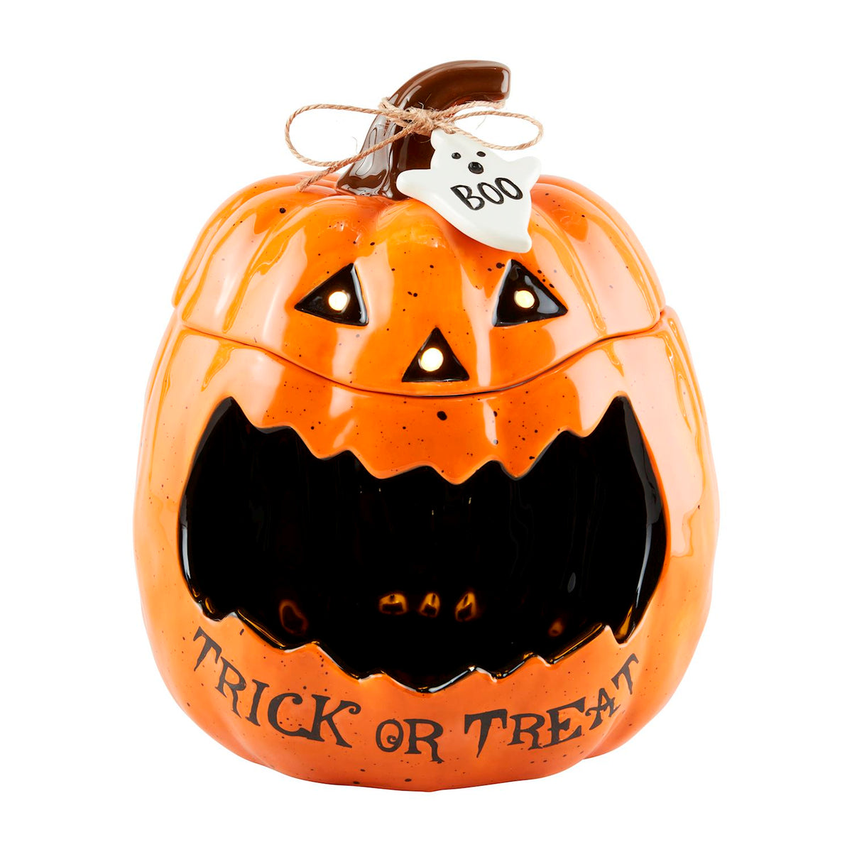Trick Or Treat Jack-O-Lantern dolomite container with a glowing face and a ghost tag.