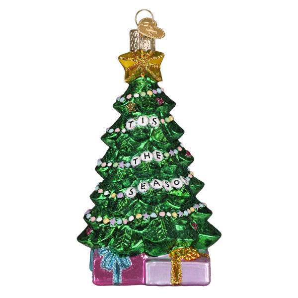 Friendship Tree ornament made of strung bracelets tied together in a small tree silhouette.
