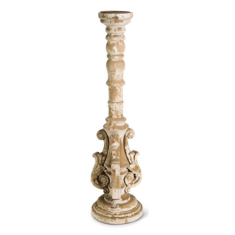 Tall distressed wood ornate candleholder with intricate sculptural flourishes and a flared base.