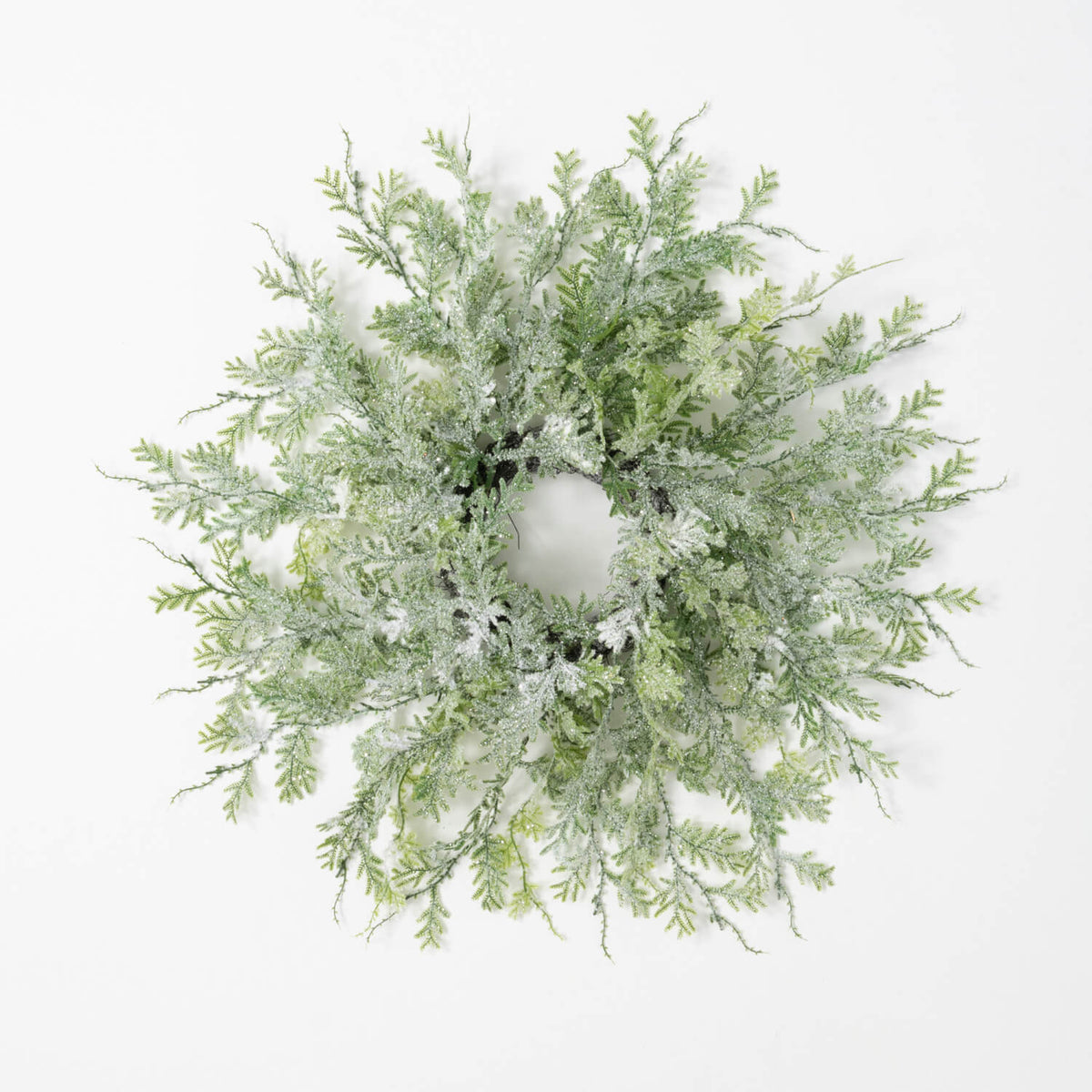 6.5-inch frosted green fern ring with a snowy finish on a white background.