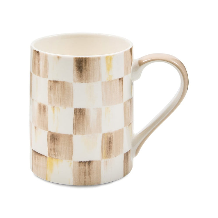 Handmade check porcelain mug with black grid pattern on white background