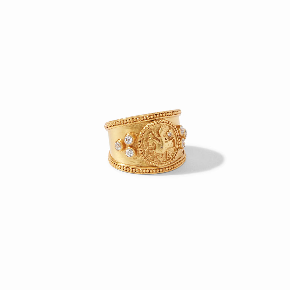 Coin Crest Ring in gold plate featuring a bas relief knight on horseback flanked by trefoils with cubic zirconia.