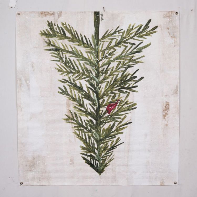 Paper wall art featuring a painted evergreen tree with a small red cardinal perched on a branch.