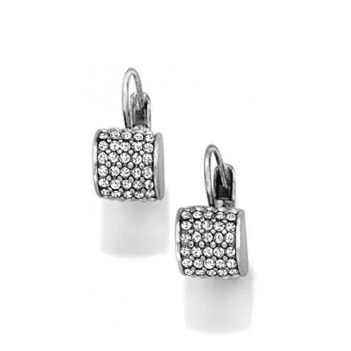 Meridian Leverback Earrings in silver with crystal-encrusted barrel drops and French wire backs.