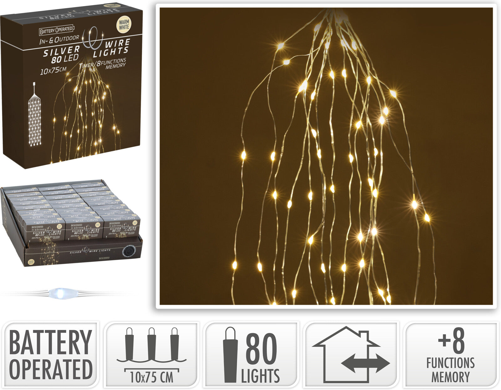 Silver wire 80 LED warm white battery operated lights for indoor and outdoor use.