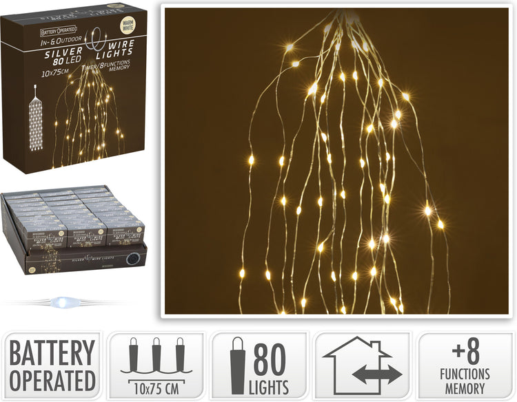 Silver wire 80 LED warm white battery operated lights for indoor and outdoor use.
