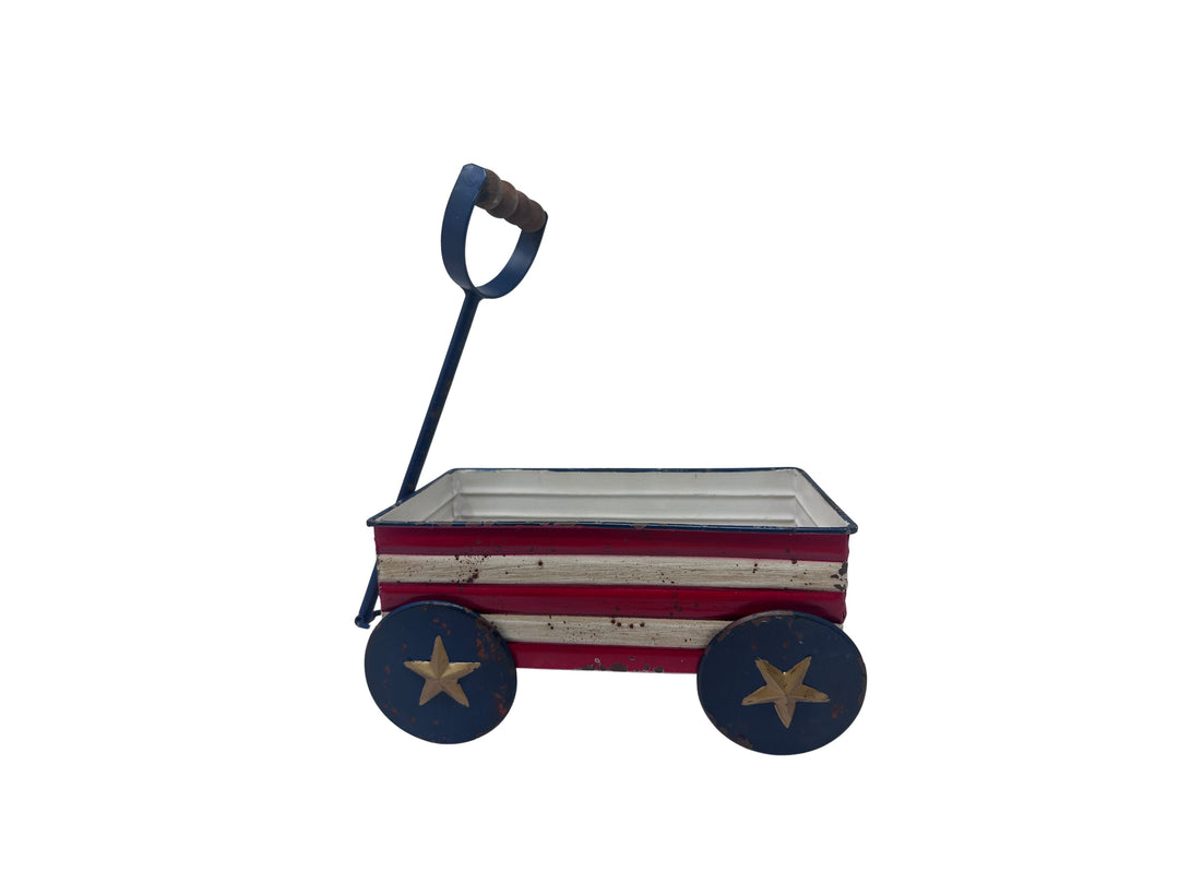 Metal Americana wheelbarrow with a rustic finish designed to display flowers.