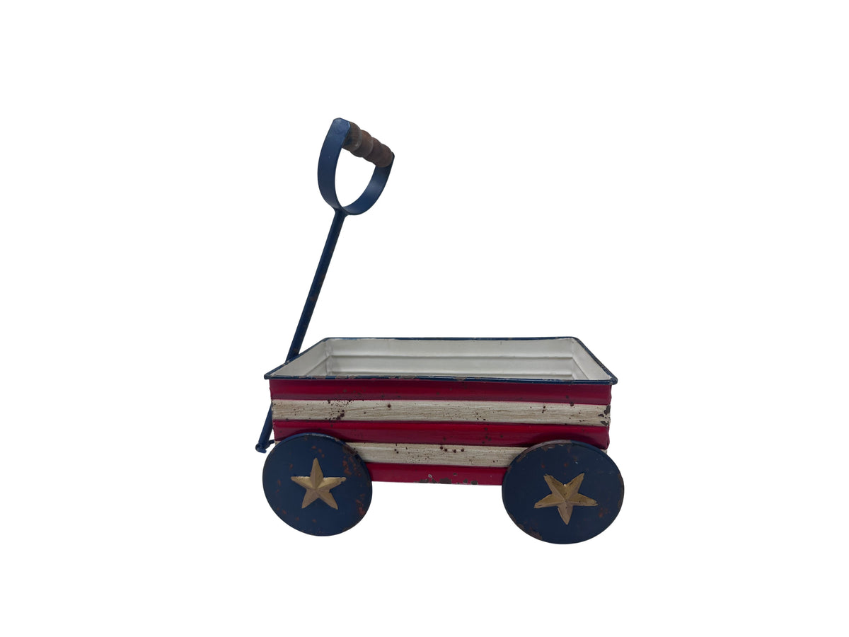 Metal Americana wheelbarrow with a rustic finish designed to display flowers.