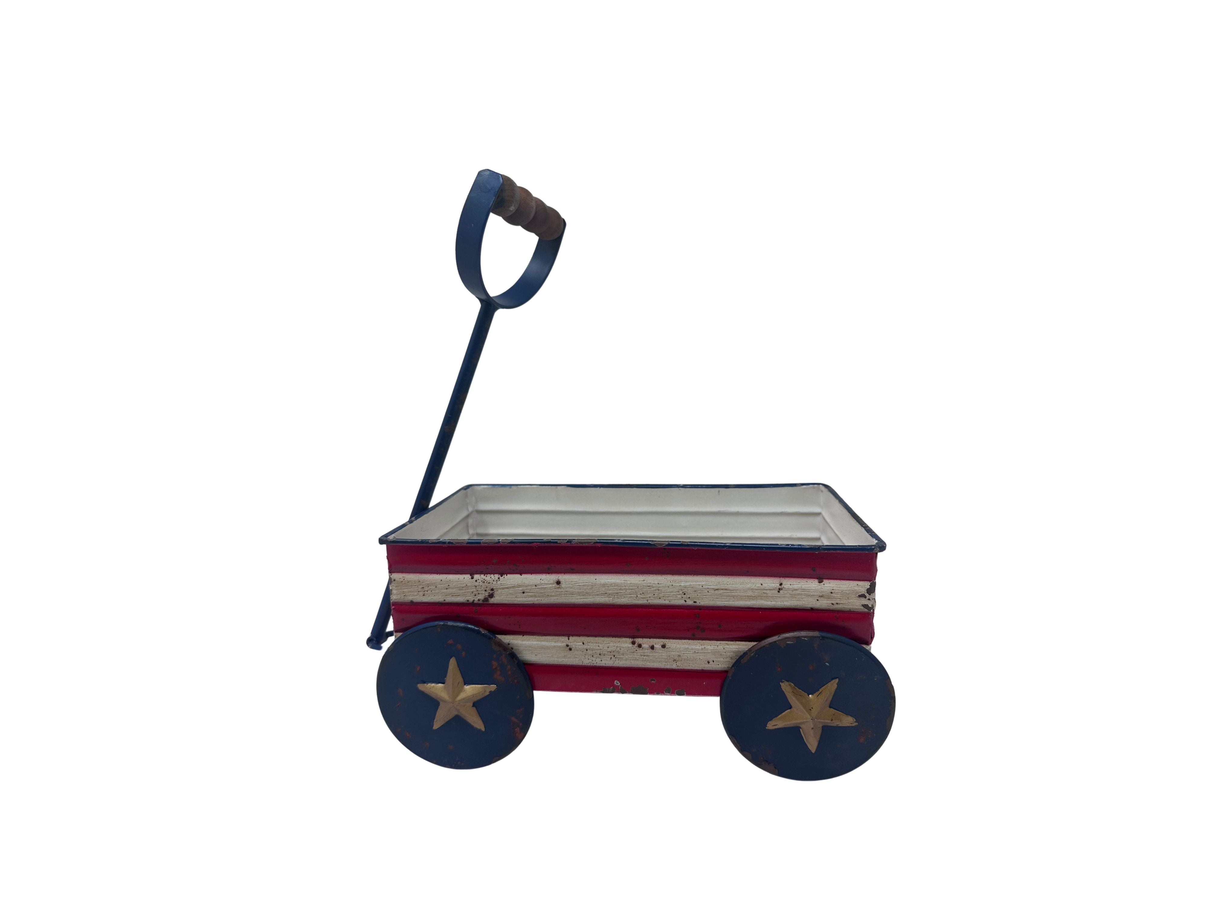 Metal Americana wheelbarrow with a rustic finish designed to display flowers.