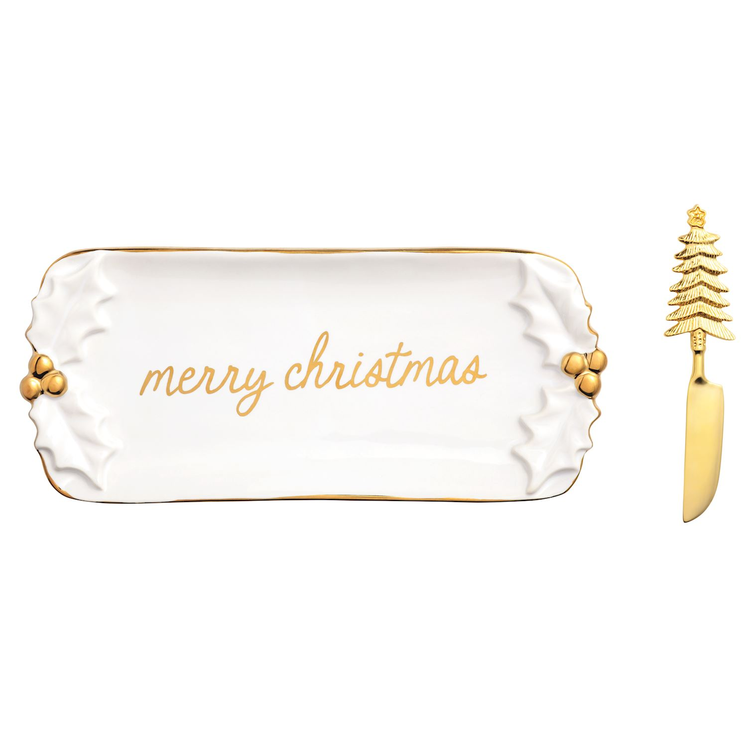White stoneware butter dish with gold 'merry christmas' text and a gold tree-handle spreader.