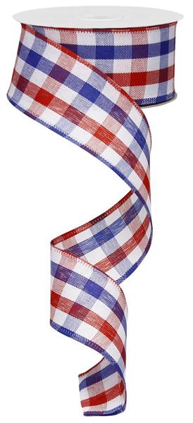 Red, white, and blue checkered polyester fabric roll measuring 1.5 inches wide by 10 yards long.