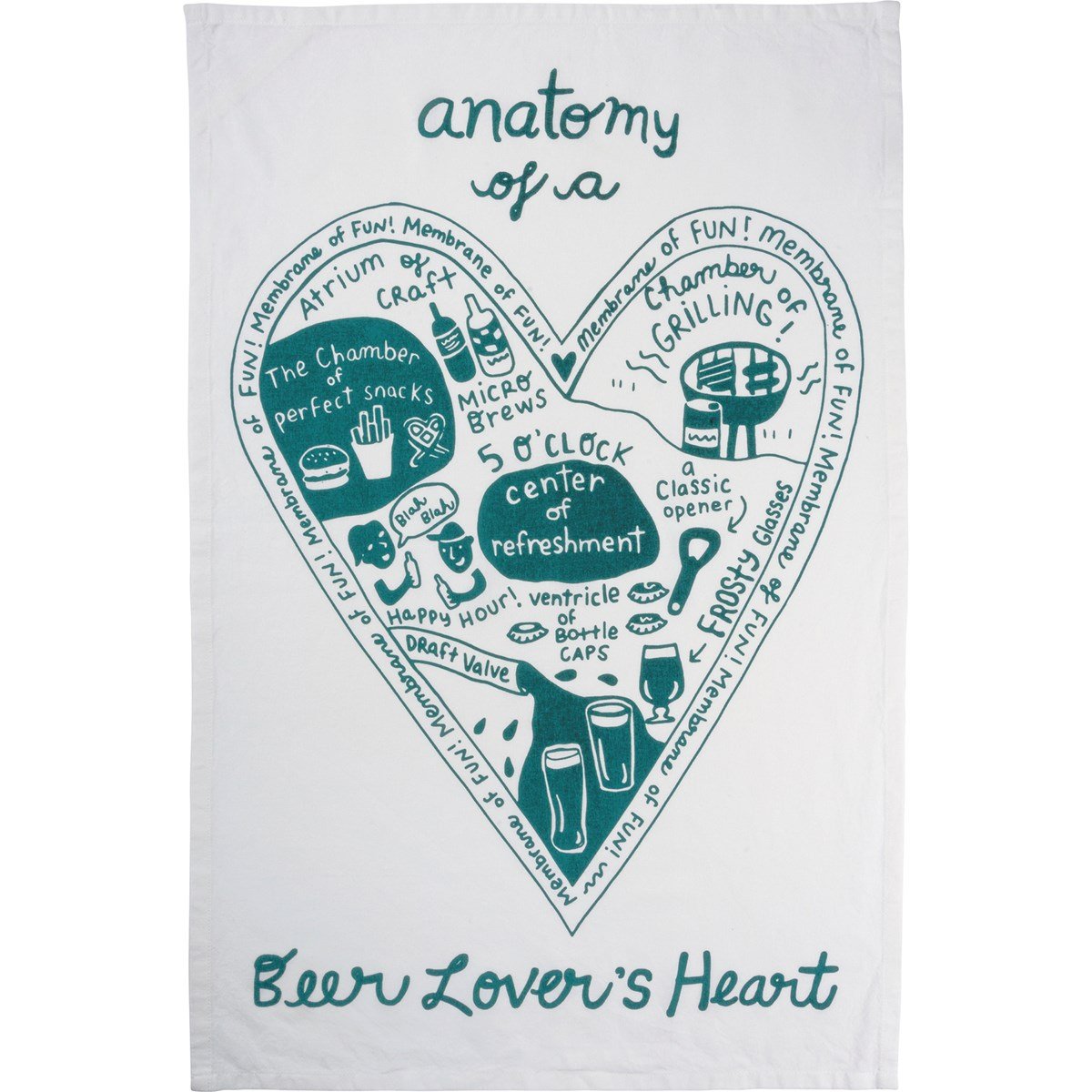 White cotton kitchen towel with teal "Beer Lover's Heart" design featuring beer-related anatomy.