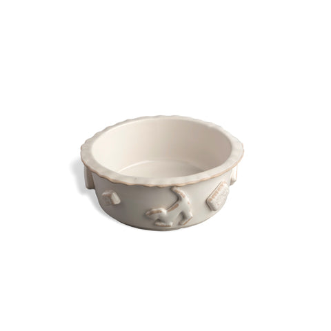 Medium stoneware dog food bowl with raised applique detailing around the rim.