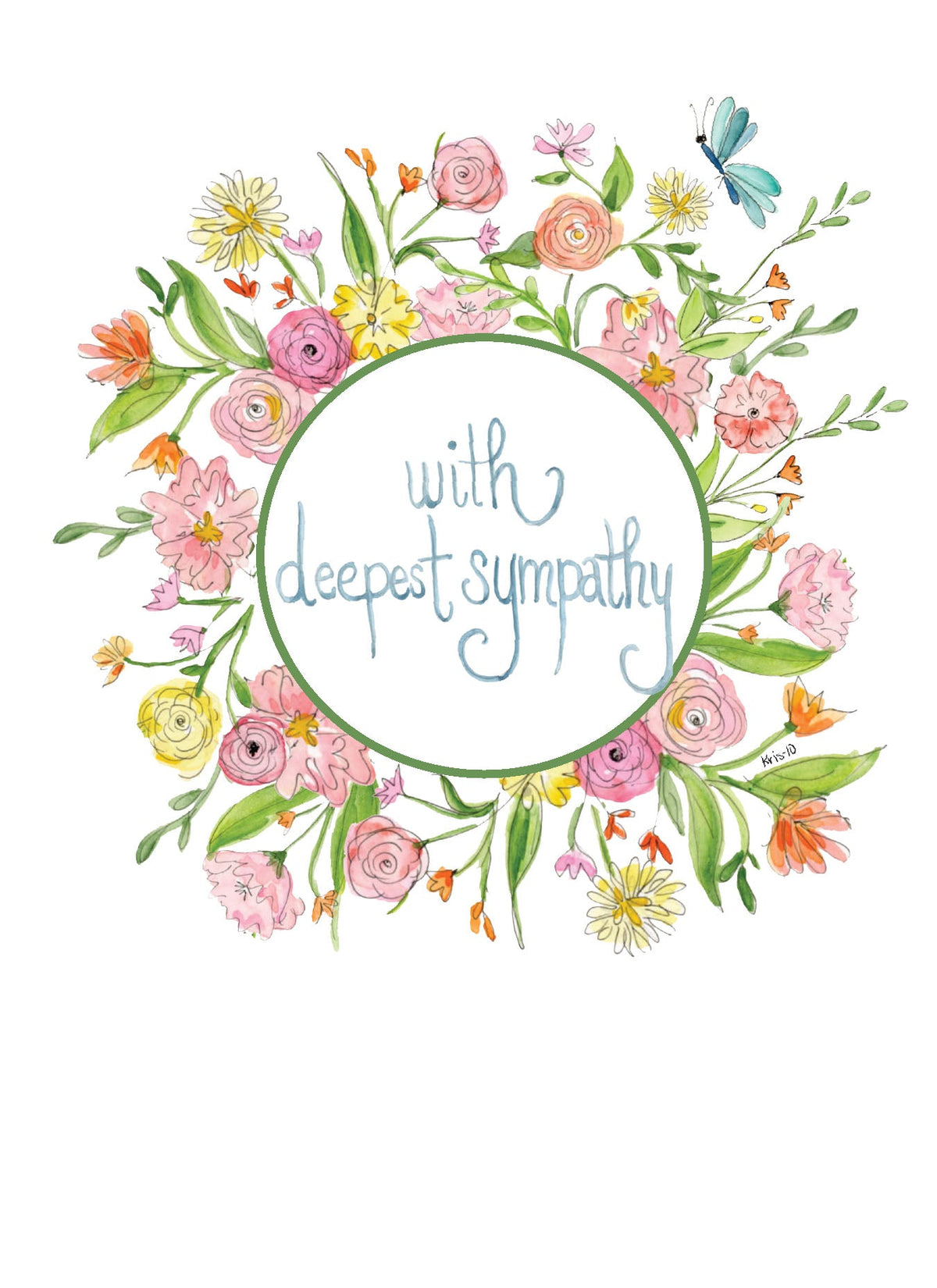 Watercolor floral card with "with deepest sympathy" in script inside a green oval.