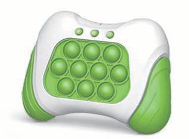 White and green handheld fidget toy with a grid of 9 pop-it bubbles and three small buttons on top.