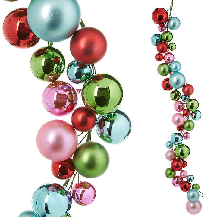 4' Pastel Multicolor Ball Garland featuring glossy and matte ornaments in red, blue, pink, and green