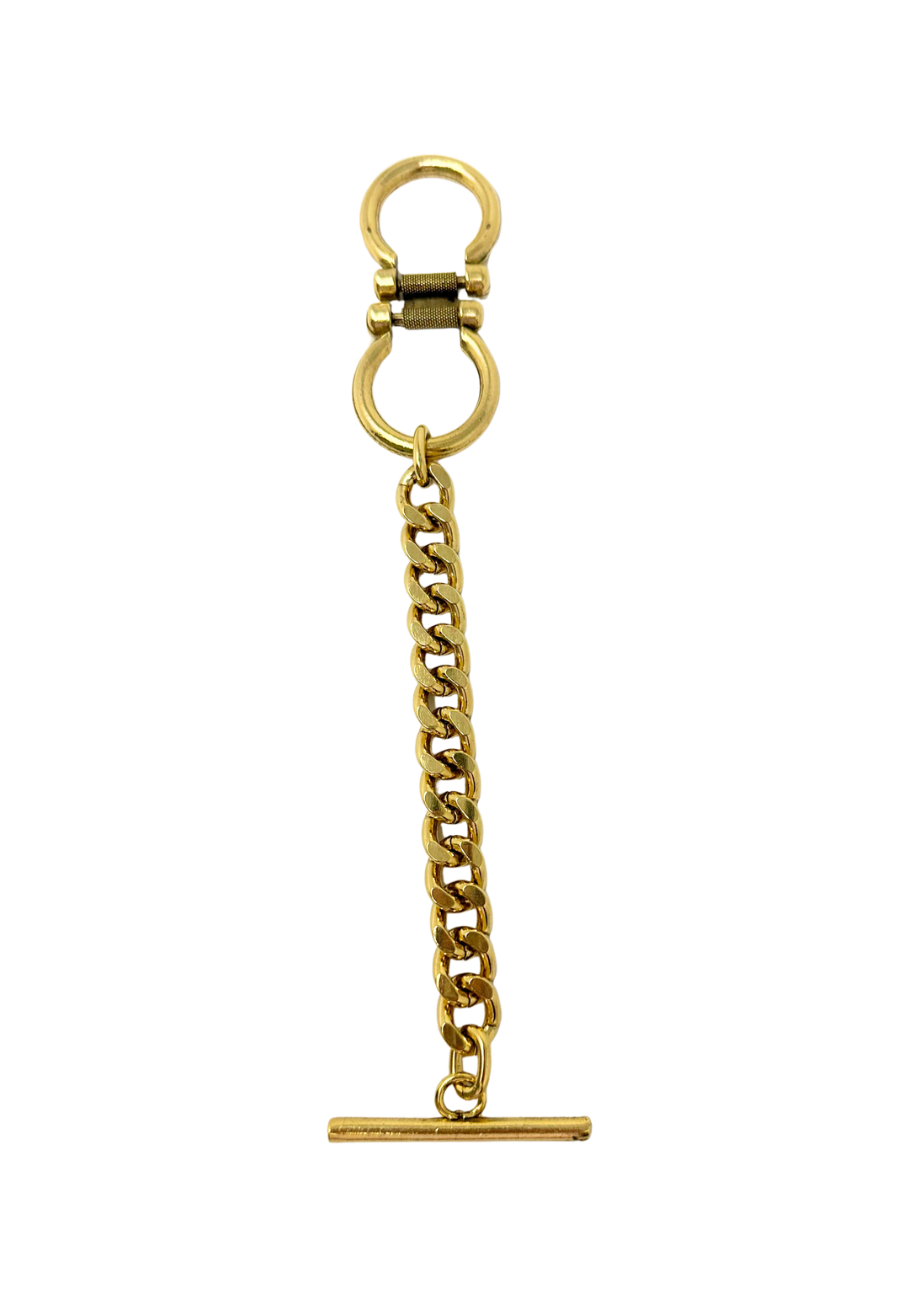 Gold curb link bracelet featuring a double-ring connector and a toggle bar clasp.
