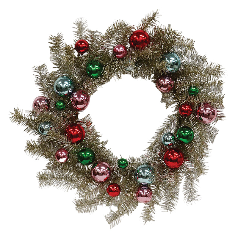Platinum tinsel wreath decorated with shiny red, pink, green, and blue bauble ornaments.