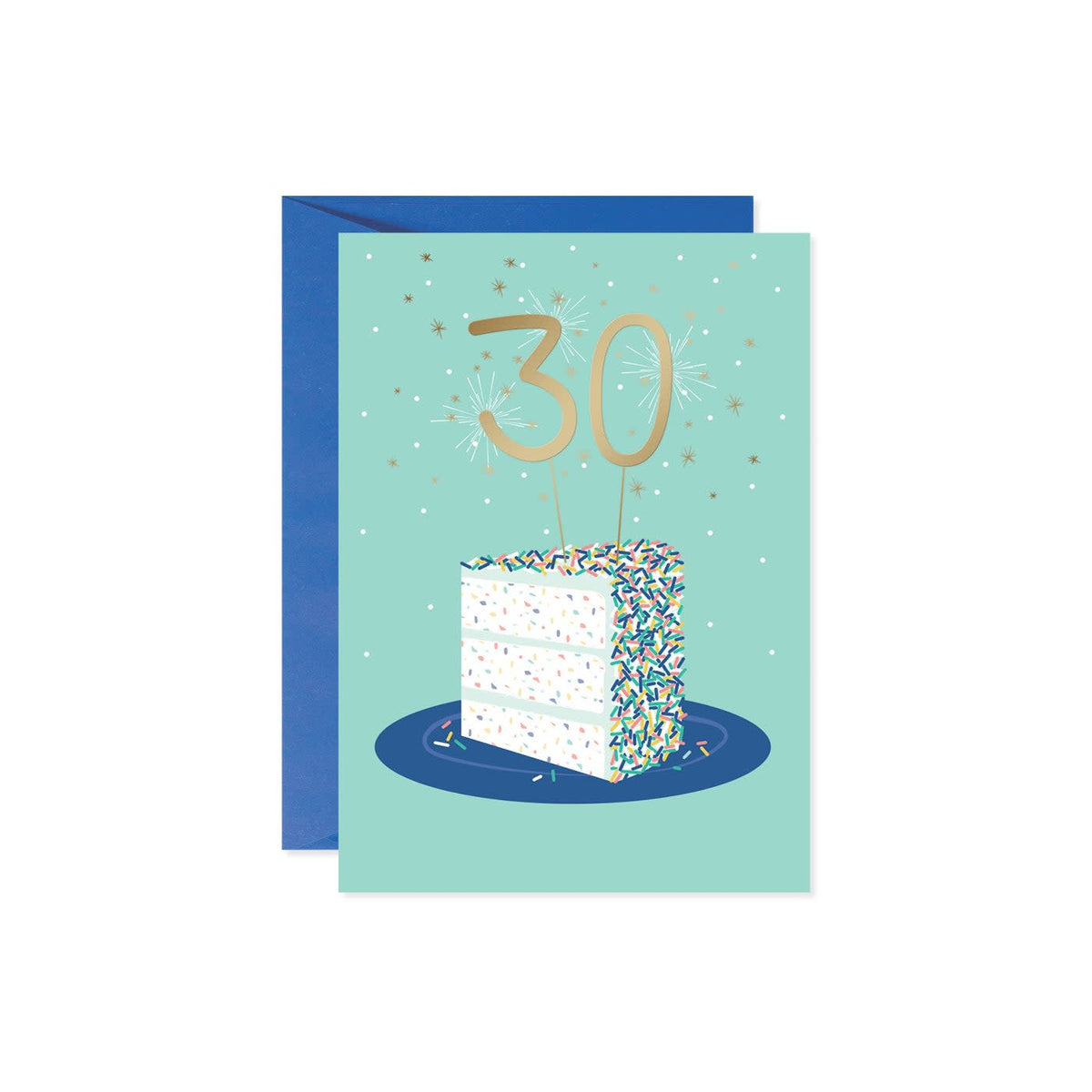 White rectangular greeting card with '30 on a Cake' text in black script font and small cake illustration.