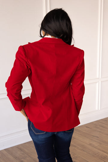 Tailored Caroline Velvet blazer in deep burgundy polyester with structured shoulders.