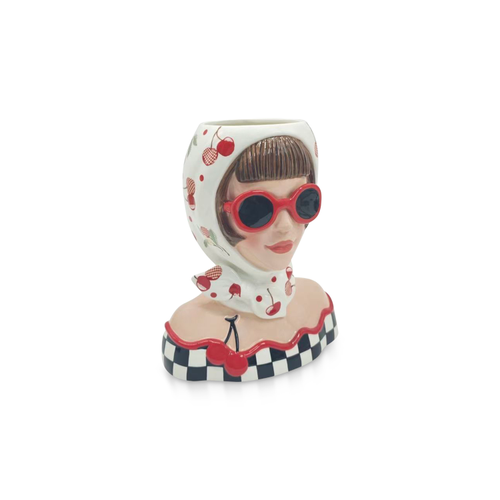 Hand-painted ceramic bust vase of a woman with a cherry-print headscarf and red sunglasses.