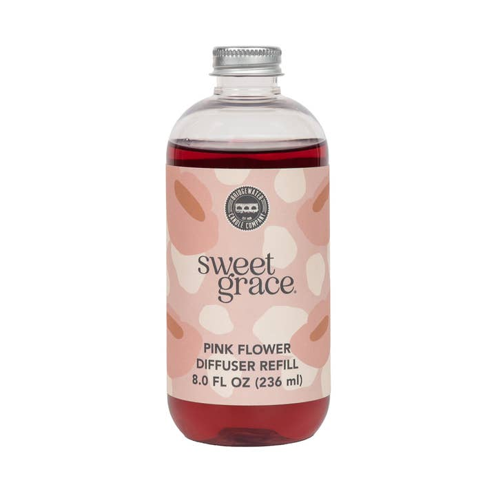 Sweet Grace Pink Flower Diffuser Refill in an 8 oz clear bottle with a silver screw cap.