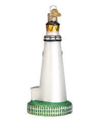 Ocracoke Lighthouse glass Christmas ornament with white tower, gold lantern, and green base.