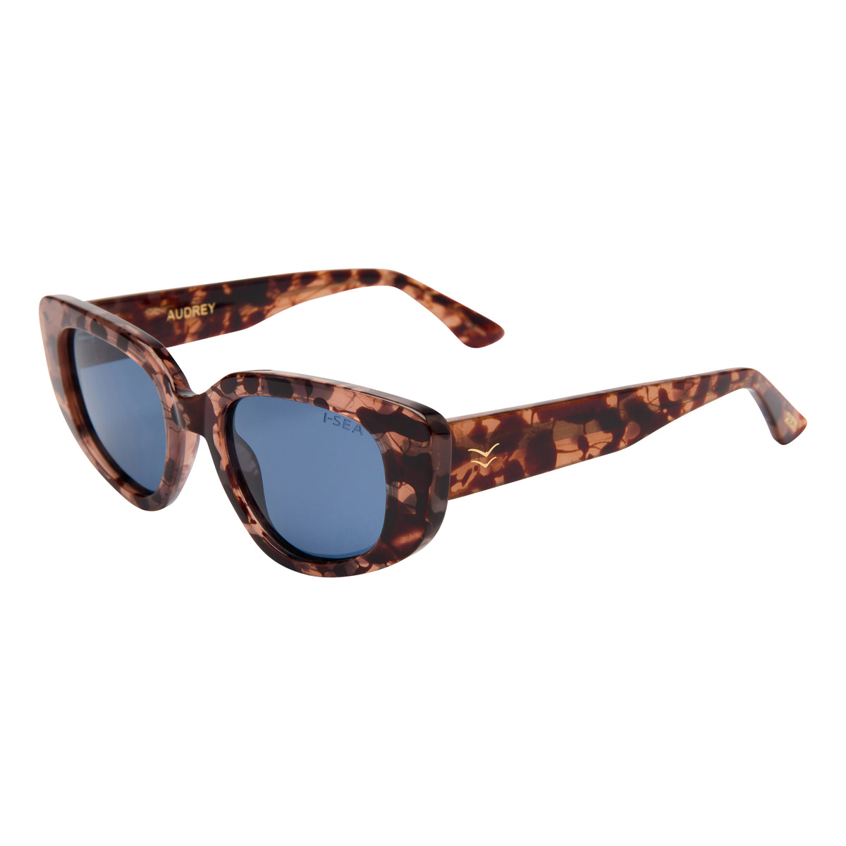 Audrey women's sunglasses with brown tortoiseshell asymmetrical frames and blue lenses.