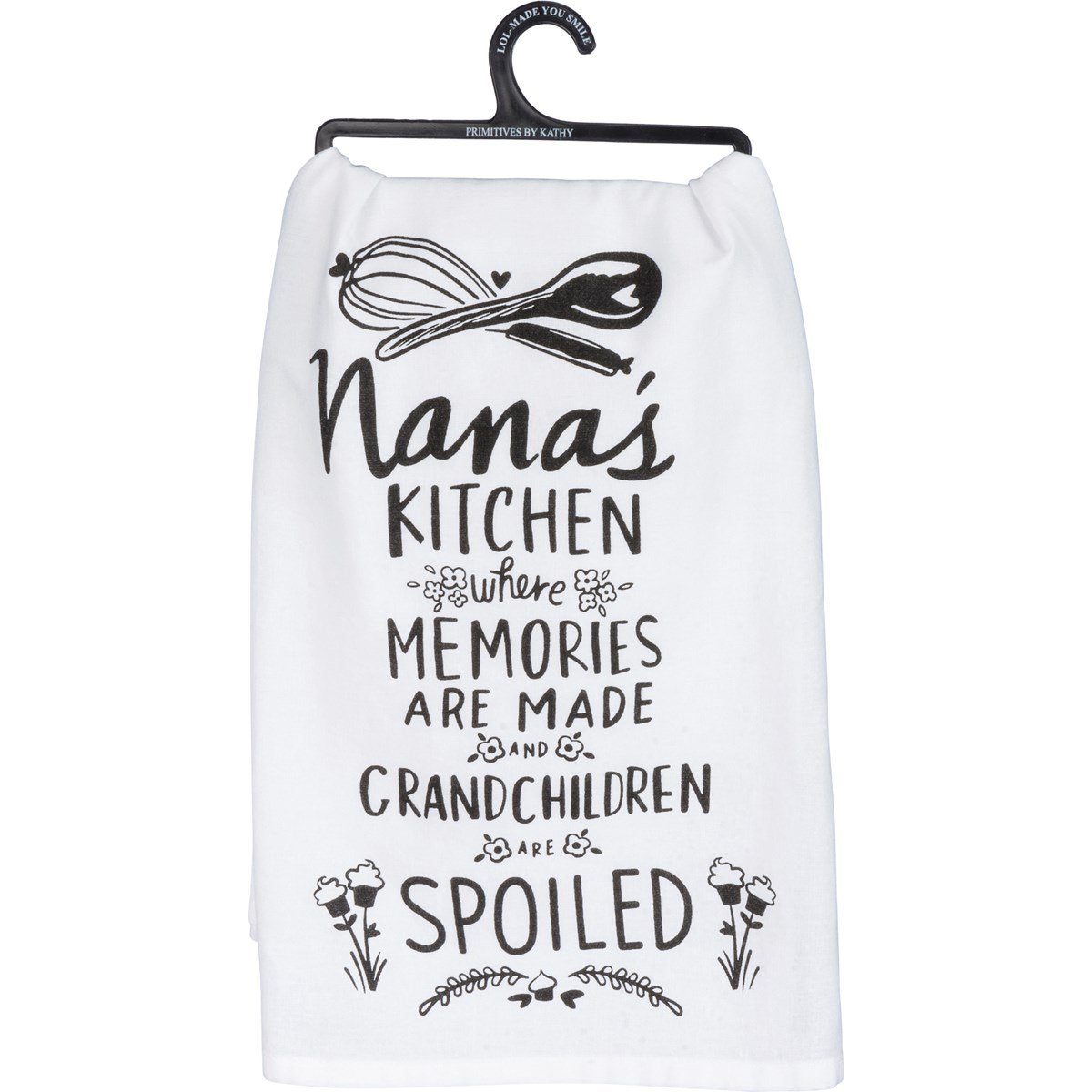 Black cotton kitchen towel with white text reading 'Remember As Far As Anyone Knows We Are A Nice & Normal Family'