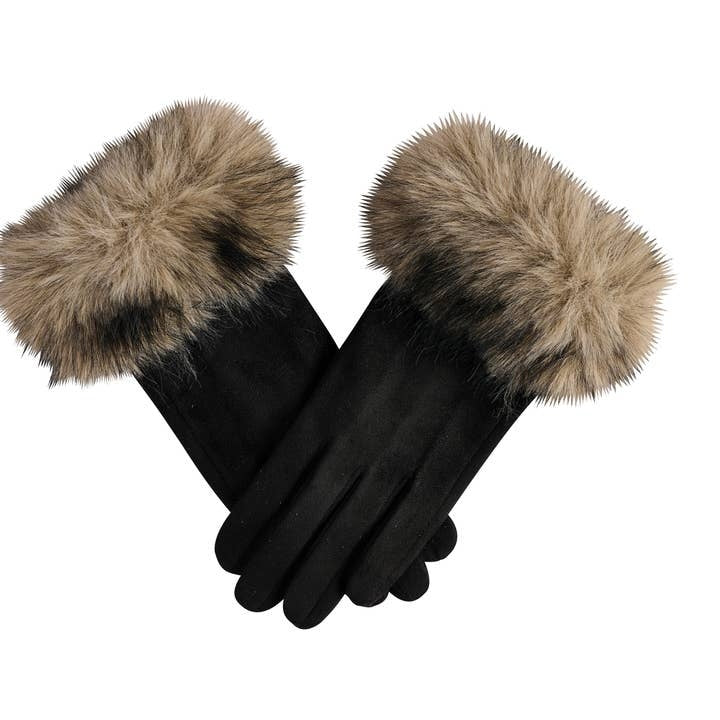 Black ultra-suede gloves with a plush fur cuff detail.