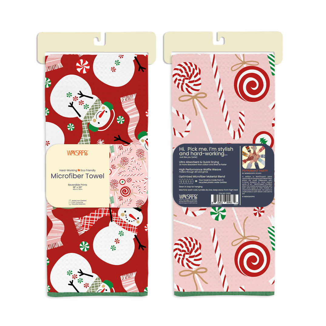 Green microfiber party towel with white peppermint leaf patterns