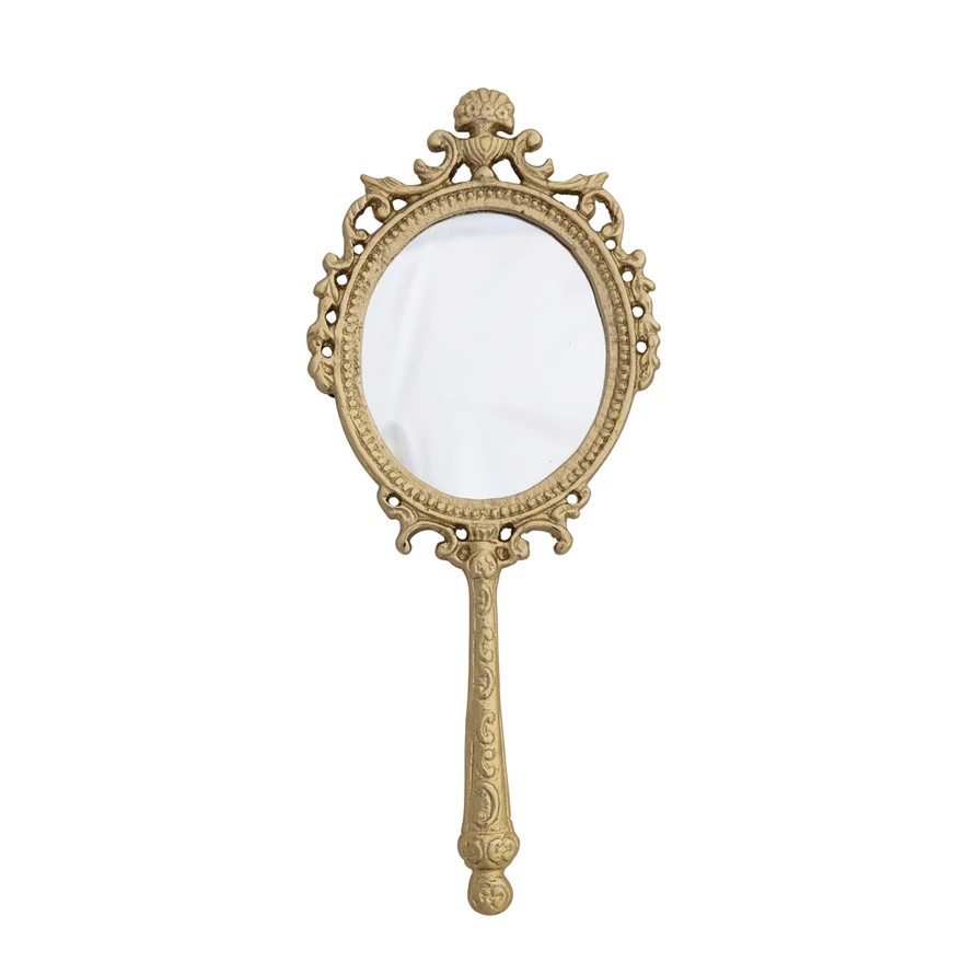 Embossed Metal Framed Hand Mirror - Antique Gold Finish
