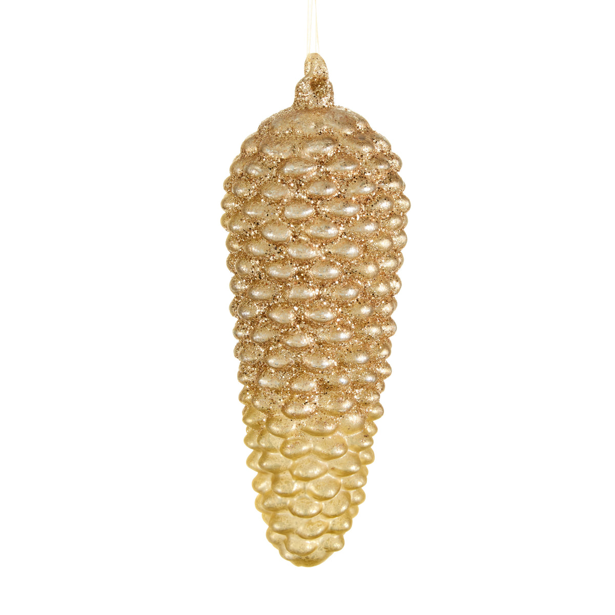 Gold glass pinecone ornament with a glittered top and smooth bottom hanging against a white background