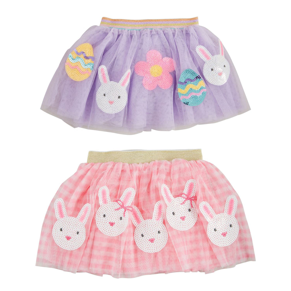 Layered mesh Easter sequin tutu with lurex elastic waistband in shimmering colors.