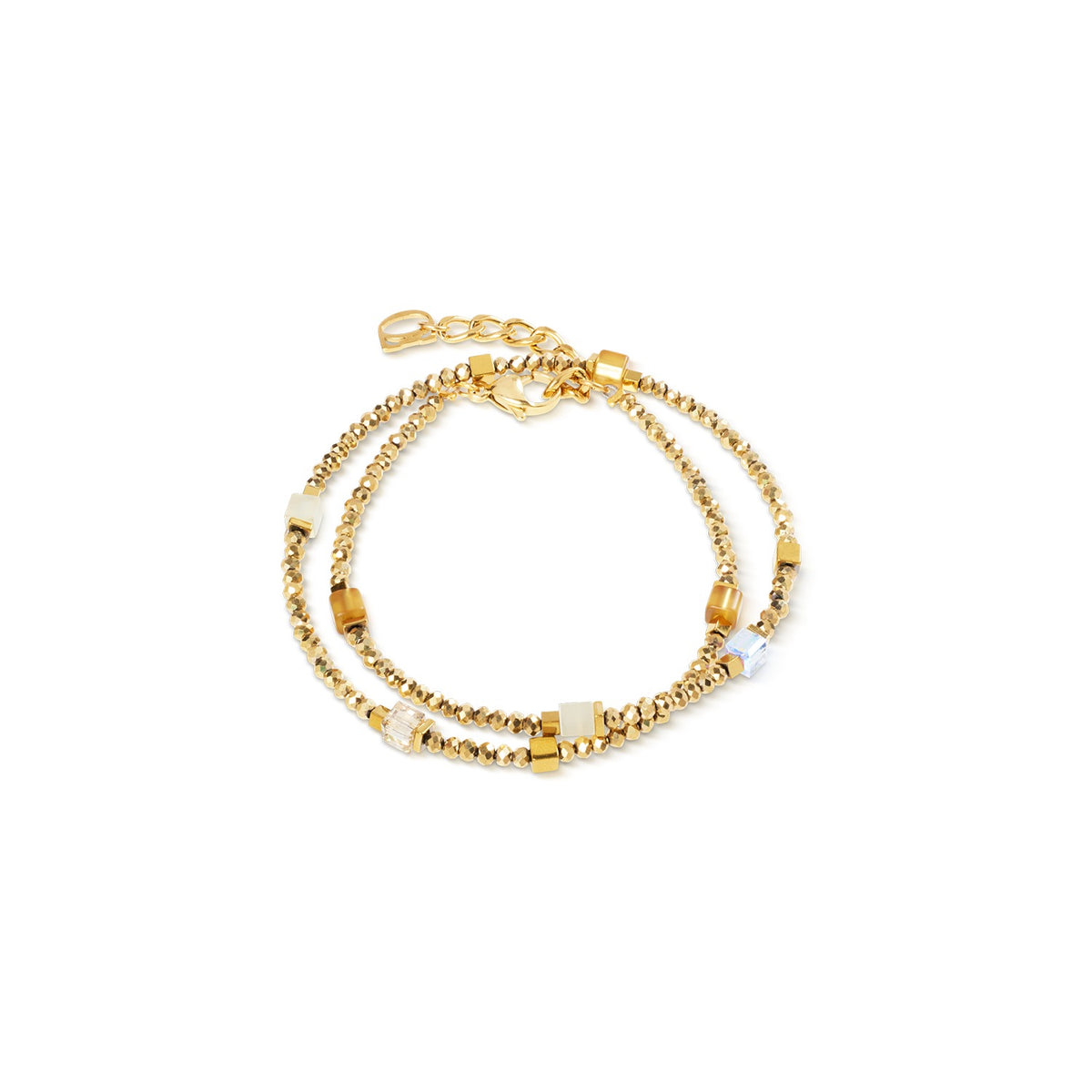 Double-wrap gold-plated flex bracelet with faceted beads and colorful cube accents.
