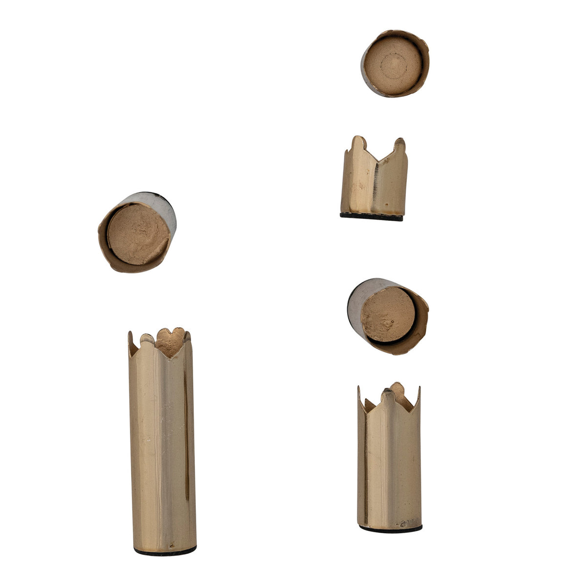 Set of 6 gold finish metal magnetic crown-shaped taper candle holders in various sizes.