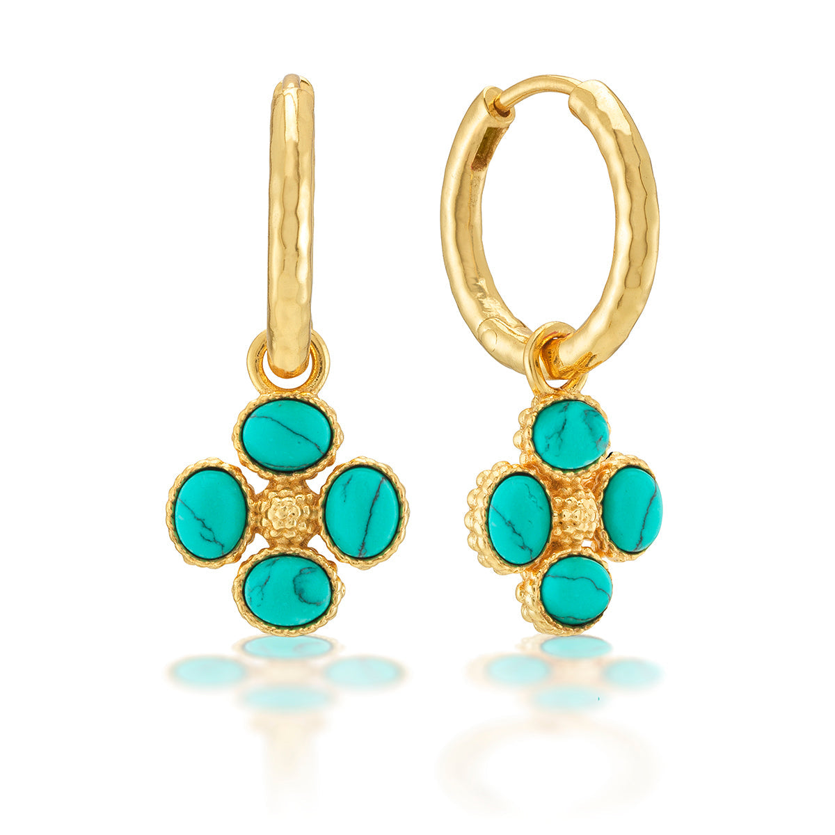 Double-sided berry clover charm on gold hoop earrings