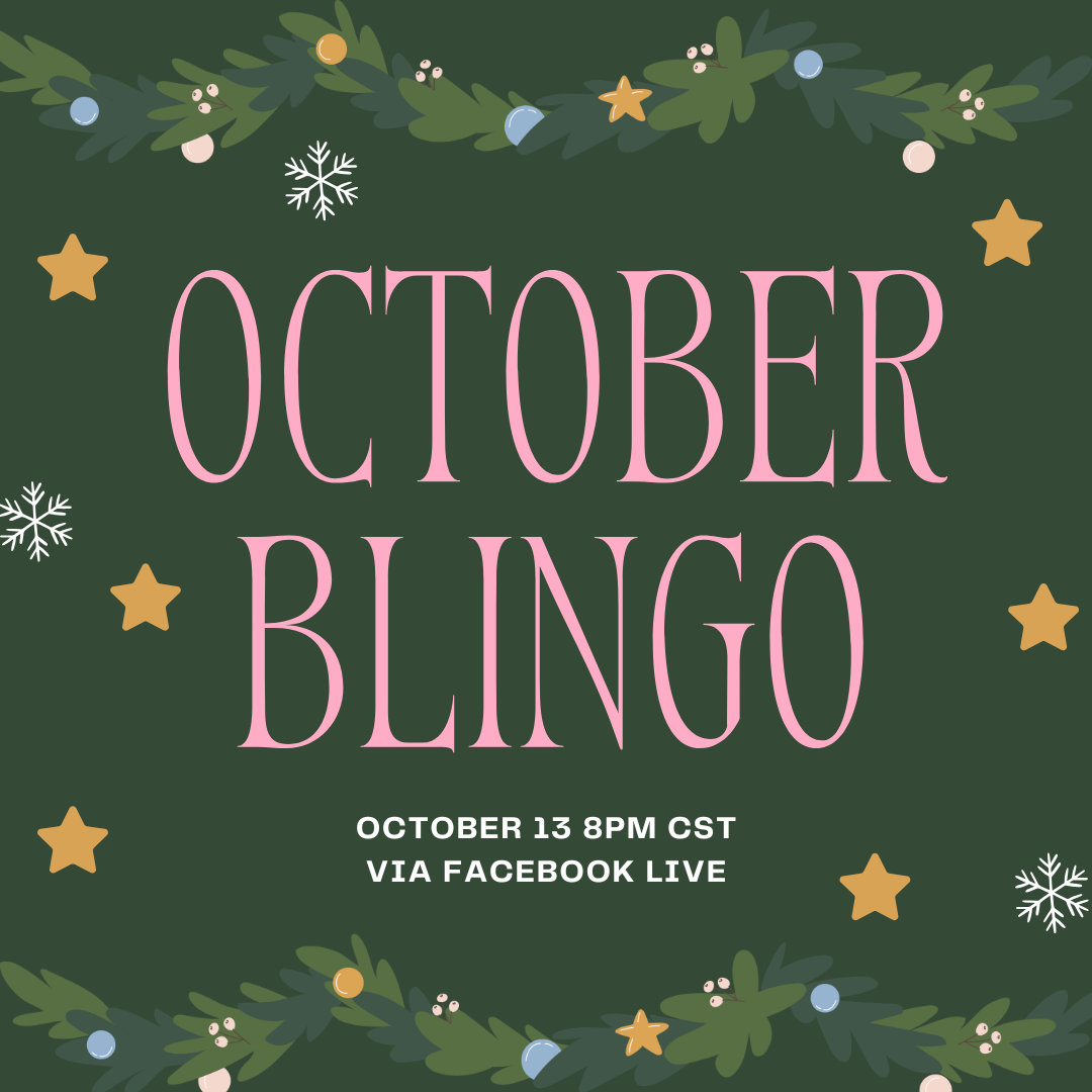 October Blingo event graphic with pink text on a green background with festive holiday greenery.