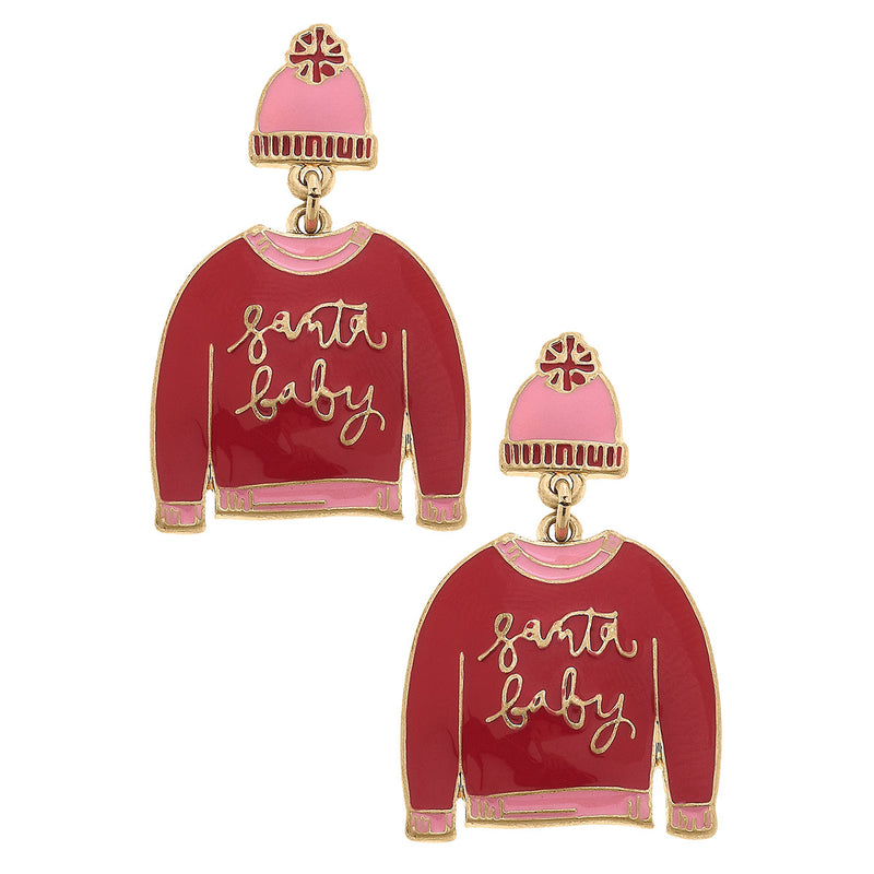 Red enamel Santa baby sweater earrings with worn gold plating on base metal.