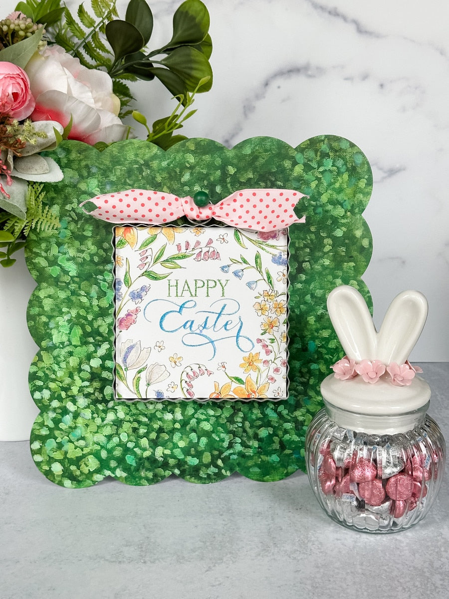 Mini Beck's Happy Easter Flower hanging ornament with floral design.