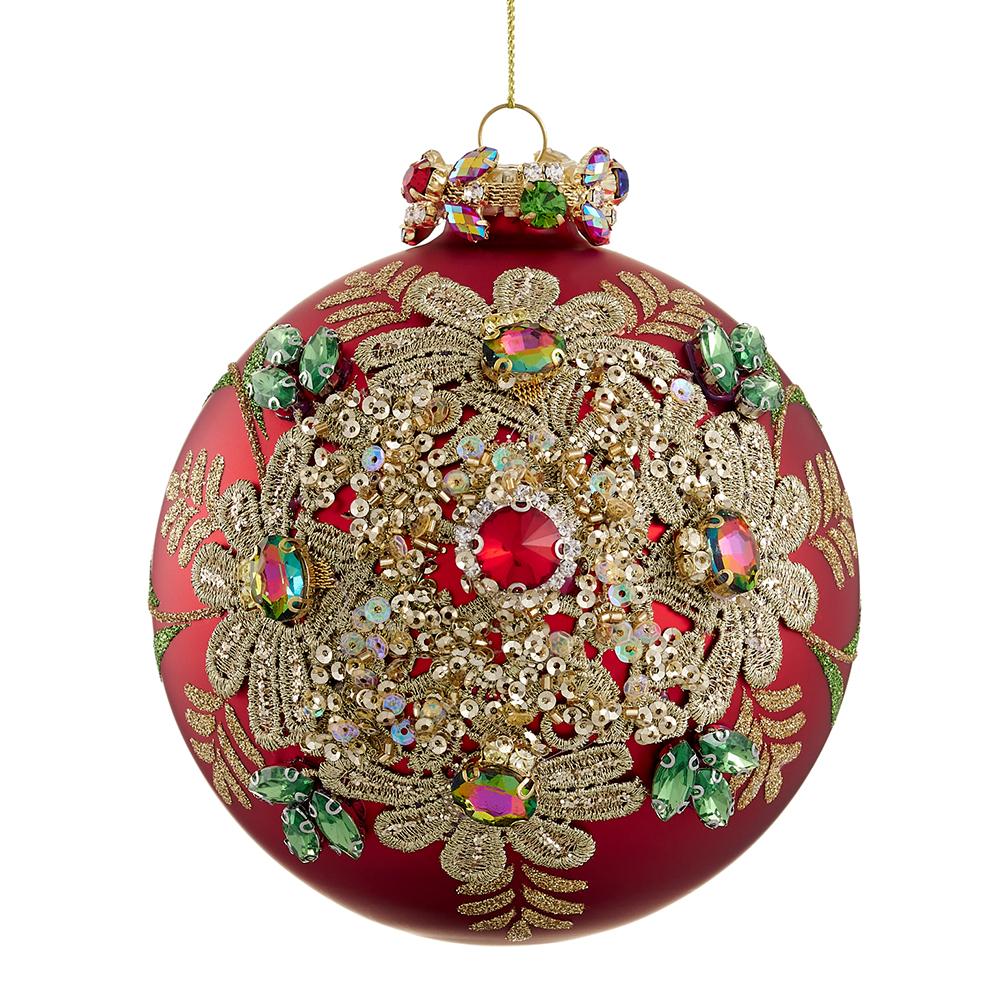 4.5-inch red glass ball ornament with gold embroidery, sequins, and colorful gemstone accents.